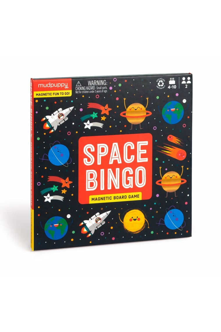 Mudpuppy Space Bingo û Magnetic Bingo Game With Travel Friendly Tri-fold Board For Children Ages 4-10, 2 Players