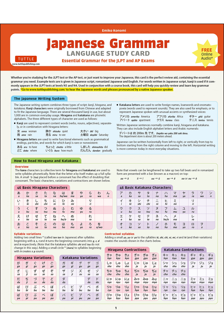 Japanese Grammar Language Study Card: Essential Grammar for the JLPT and AP Exams (Includes Online Audio)