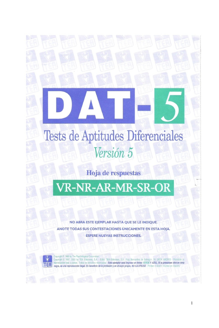 DAT-5: Test de Aptitudes Diferenciales. Hojas de respuestas (VR-NR-AR-MR-SR-OR). paq 25