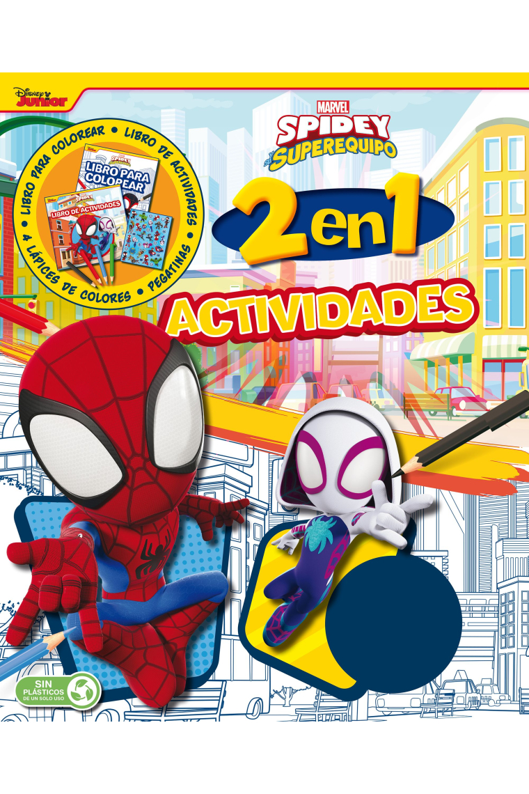 Spidey y su superequipo. Actividades 2 en 1. Libro para colorear, actividades, lápices y pegatinas
