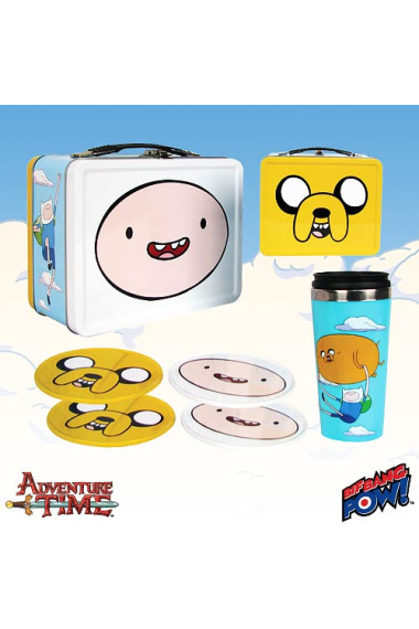 Finn y Jake Maletín de Hojalata (con 4 posavasos y taza de viaje)