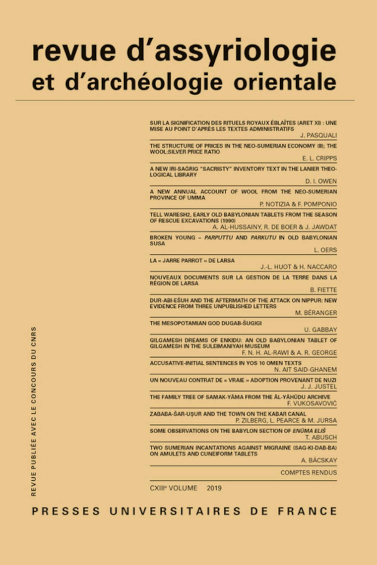 Revue d'Assyriologie et d'Archéologie Orientale, Vol. 113 (2019)