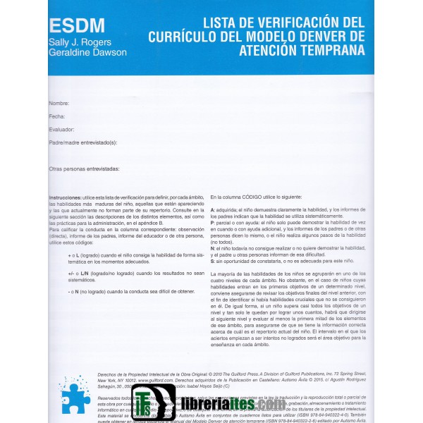 ESDM. Lista de verificación del currículo del modelo Denver de atención primaria  (25 PROTOCOLOS)